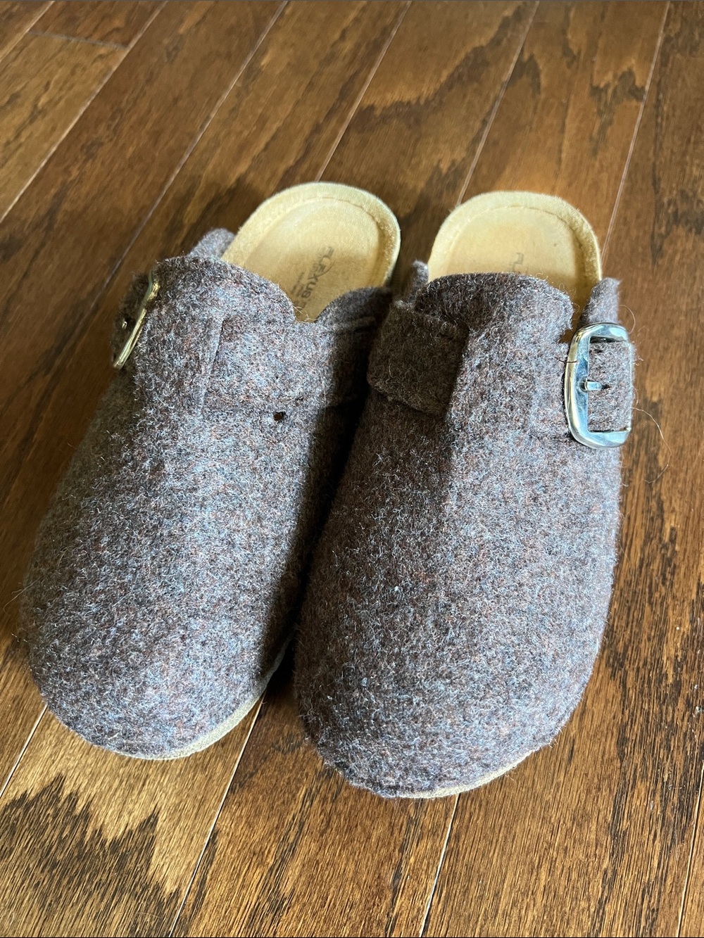 Women’s Brown Felt Slip-On Clogs with Buckle